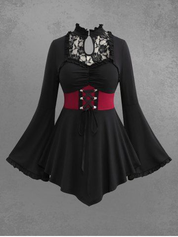 Gothic Floral Lace Panel Lace Up Ruched Keyhole Flare Sleeves Asymmetric Corset T-shirt - BLACK - S | US 8