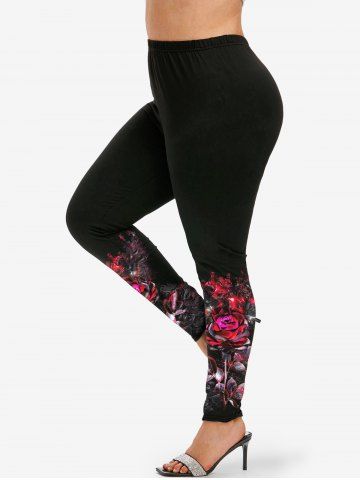 Leggings skinny disco à imprimé rose pailleté grande taille - BLACK - 2X