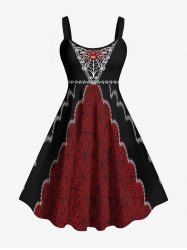 Halloween Vampire Costume Spider Web Colorblock Floral Figure Print Plus Size Tank Dress -  