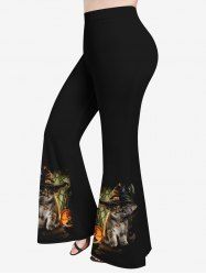 Pantalon Évasé à Imprimé Citrouille Chat avec Chapeau D'Halloween Grande-Taille - Noir XS