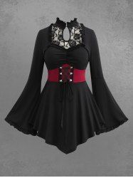 Gothic Floral Lace Panel Lace Up Ruched Keyhole Flare Sleeves Asymmetric Corset T-shirt -  