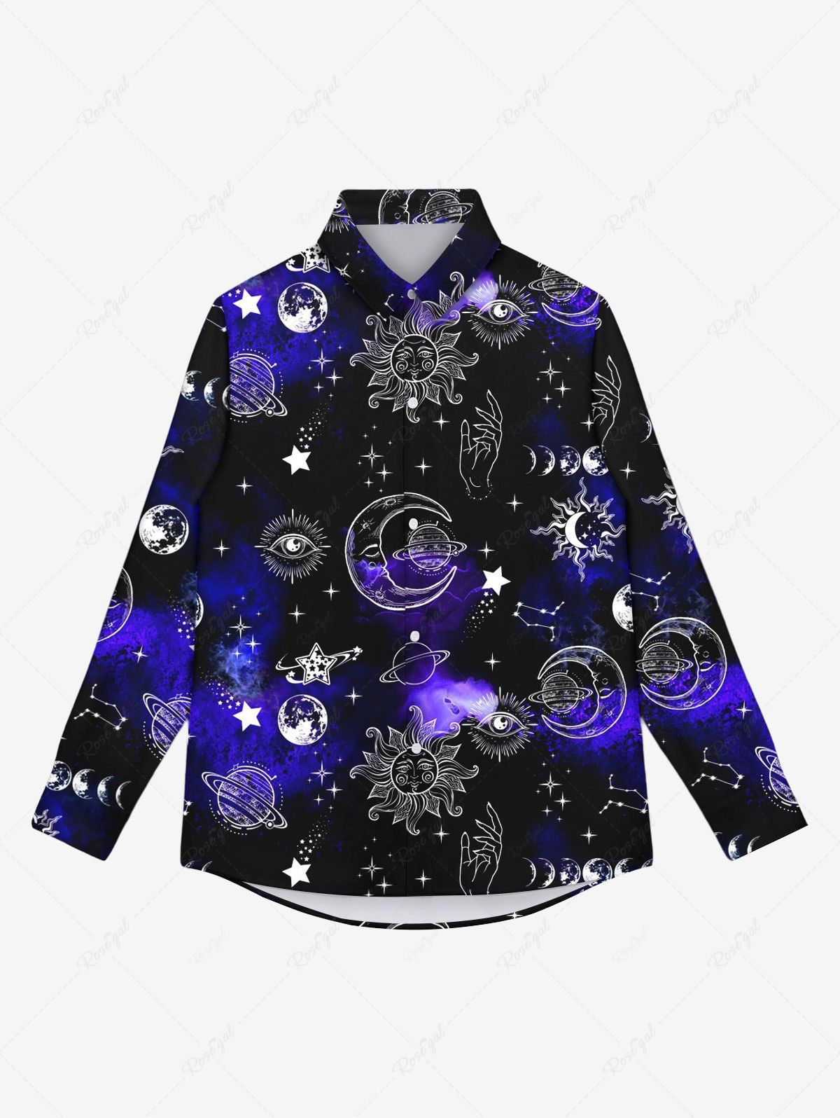 Discount Gothic Sun Moon Star Eye Glitter Galaxy Print Button Shirt For Men  