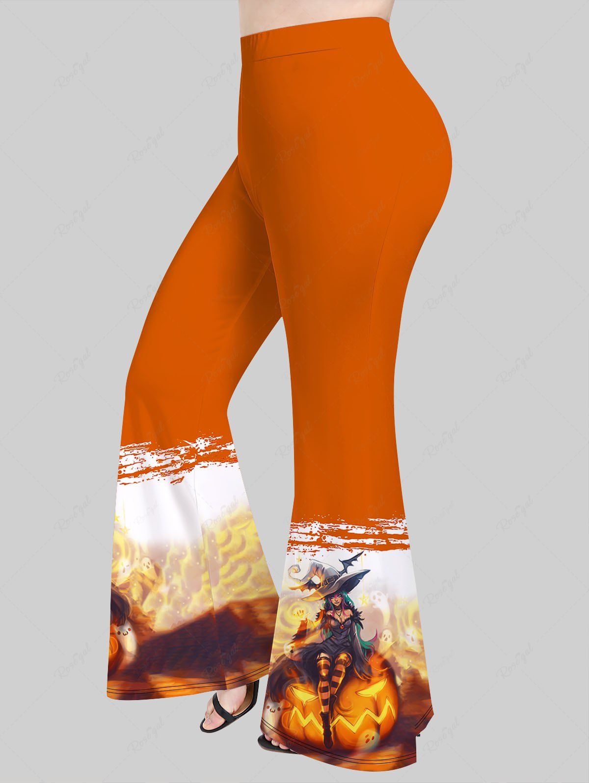 Pantalon Évasé à Imprimé Citrouille Sorcière et Chauve-Souris D'Halloween Grande-Taille Orange 6X