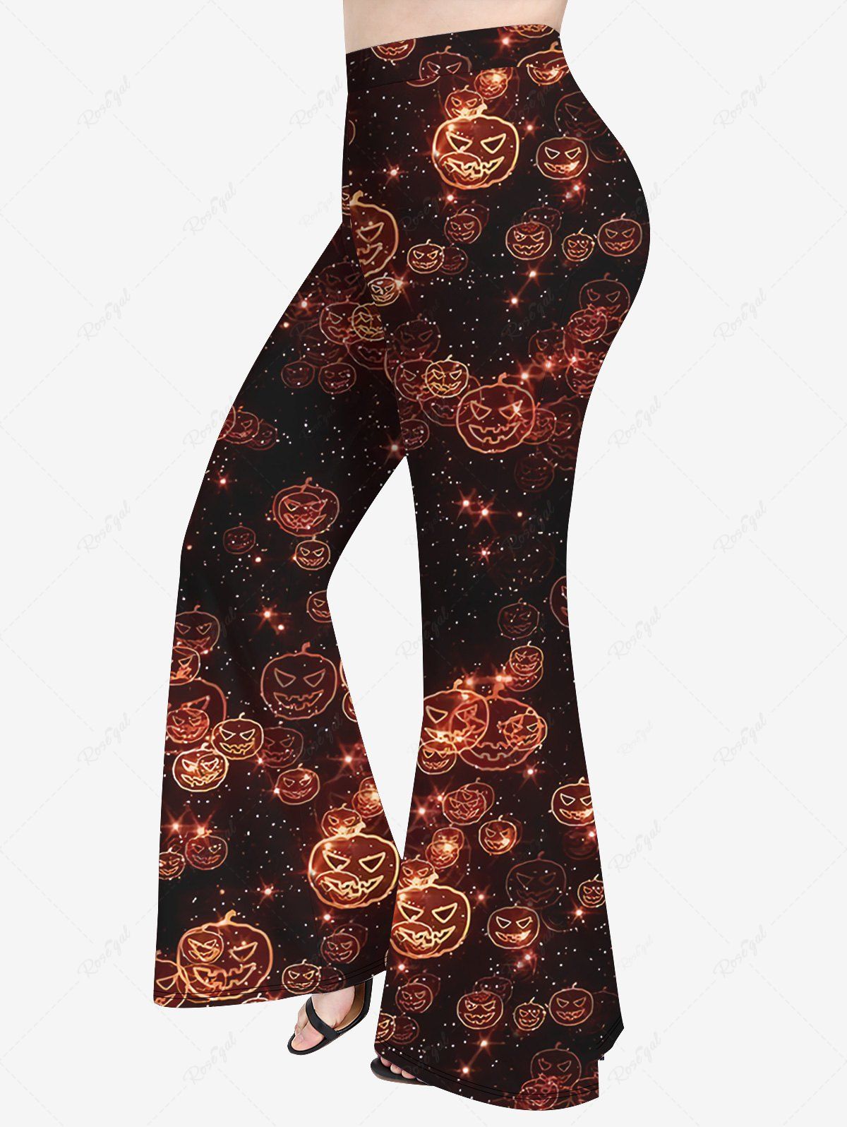 Pantalon Evasé D'Halloween Citrouille Imprimée de Grande Taille à Paillettes Orange 6X