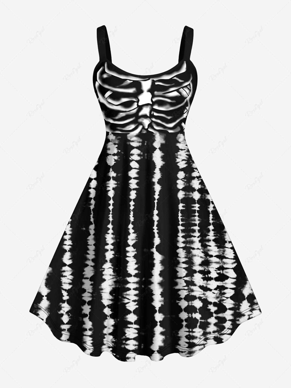 Fashion Plus Size Halloween Skeleton Tie Dye Print Tank Dress  