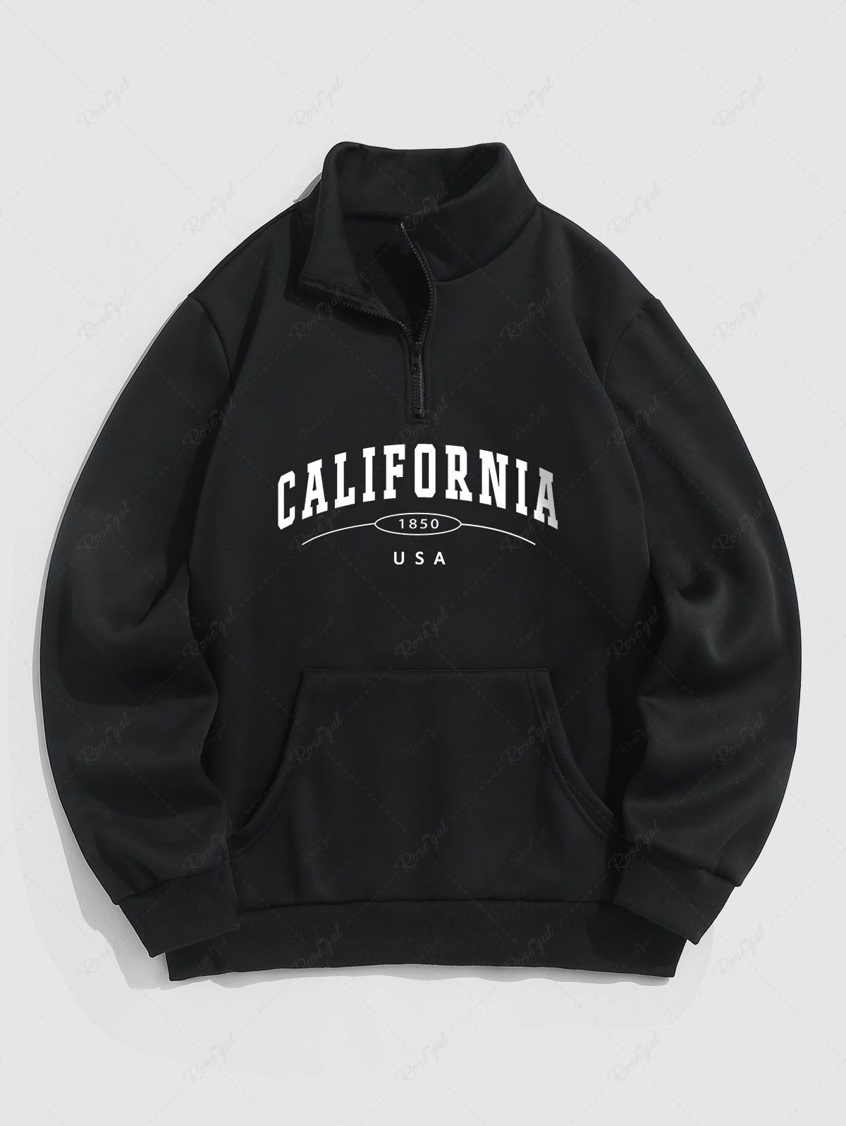 Sale Men's Casual Letter CALIFORNIA Graphic Printed Quarter Zip Thermal Fleece Lined Front Pocket Mock Neck Pullover Sweatshirt  