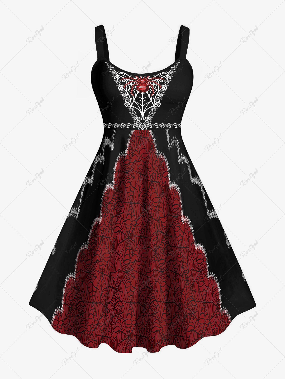 Discount Halloween Vampire Costume Spider Web Colorblock Floral Figure Print Plus Size Tank Dress  