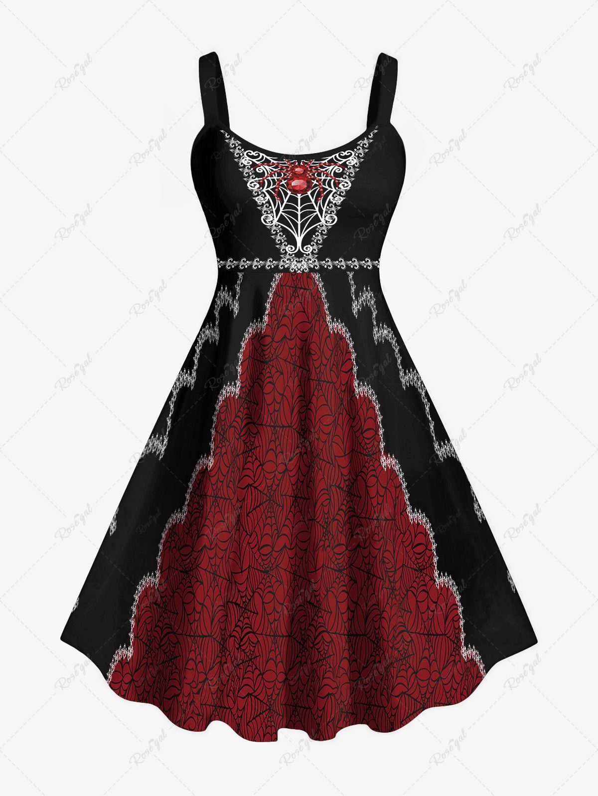 Robe D'Halloween Toile D'Araignée Fleurie Imprimée en Blocs de Couleurs de Grande Taille Rouge foncé 6X