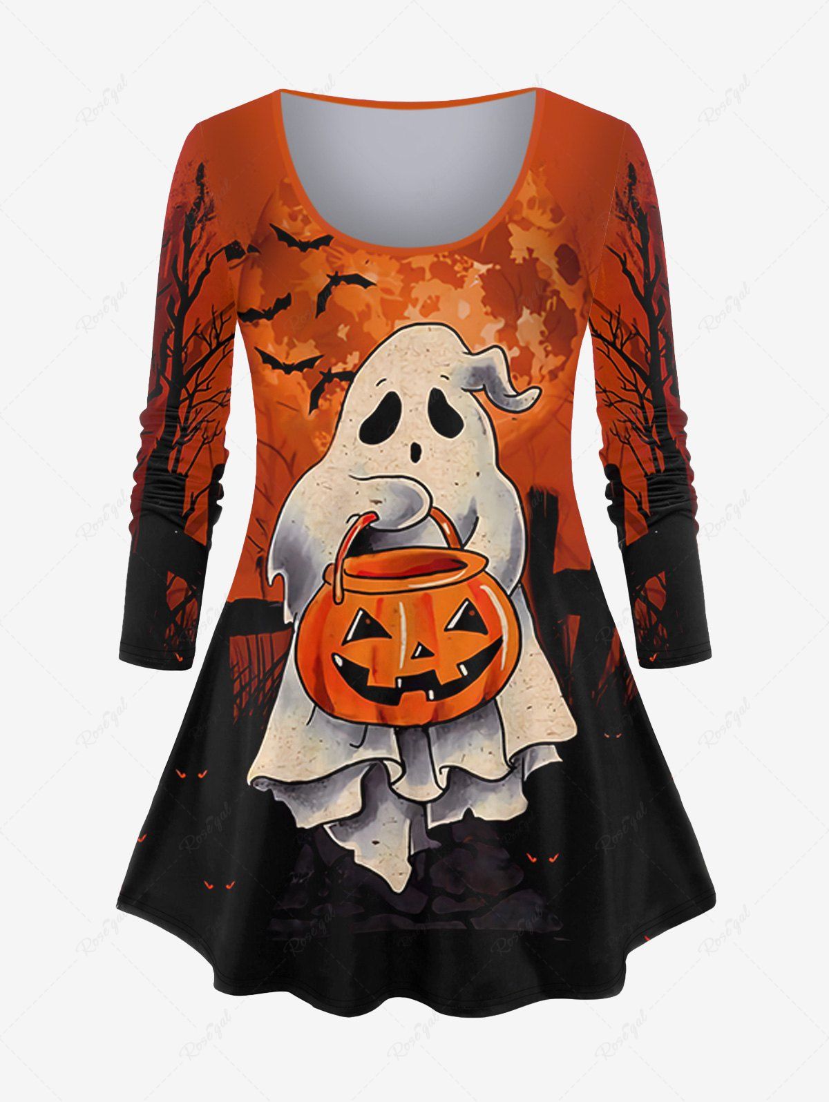 New Plus Size Halloween Ghost Pumpkin Moon Bat Tree Print T-shirt  