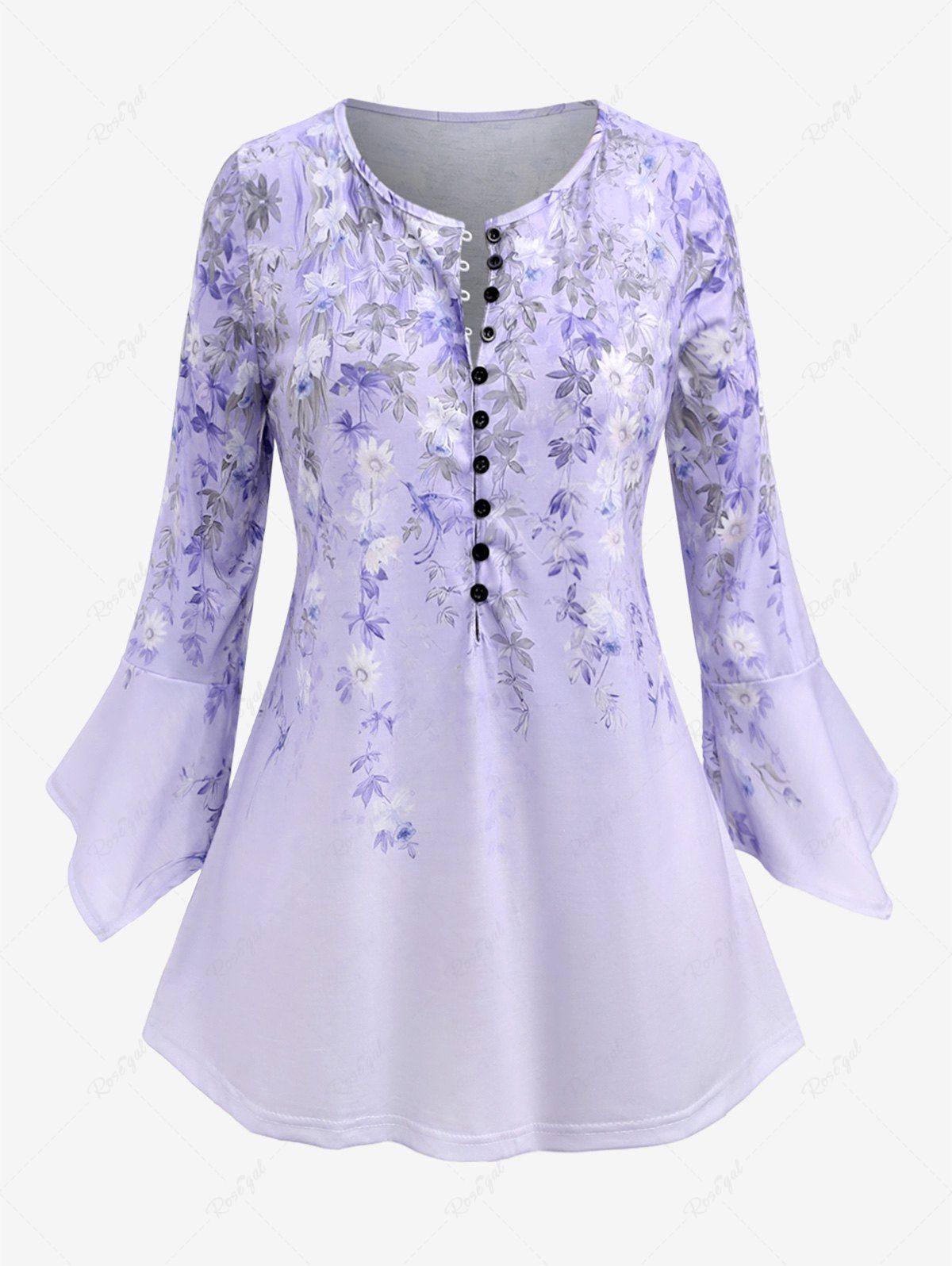Latest Plus Size Flower Leaf Printed Buttons 3/4 Length Flare Sleeves T-shirt  