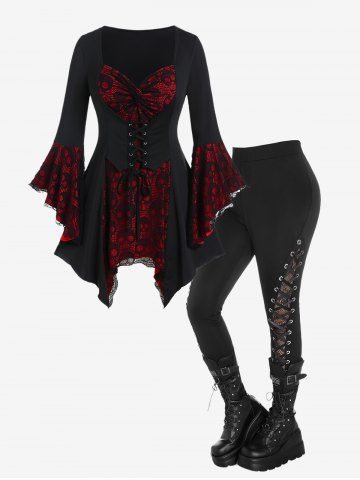 Bell Sleeve Skull Lace Handkerchief Tee and Gothic Lace Panel Lace-up Skinny Pants Outfit - BLACK