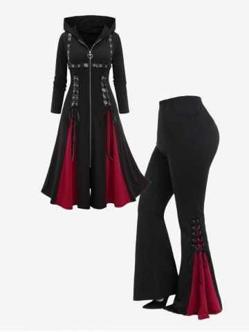 Plus Size Zipper Lace Up Grommets PU Leather Stripe Hooded Coat and Gothic Lace Up Contrast Godet Hem Flare Pants Outfit
