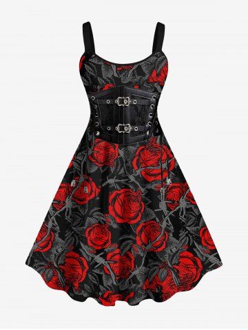 Plus Size Rose 3D Grommet Lace Up Print Tank Dress - RED - XS