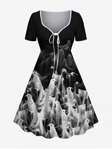 Plus Size Ghost Print Cinched Halloween Dress - BLACK - 5X