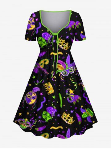 Plus Size Ghost Mask Feather Crown Star Print Cinched Halloween Dress - PURPLE - XS