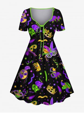 Plus Size Ghost Mask Feather Crown Star Print Cinched Halloween Dress - PURPLE - 1X