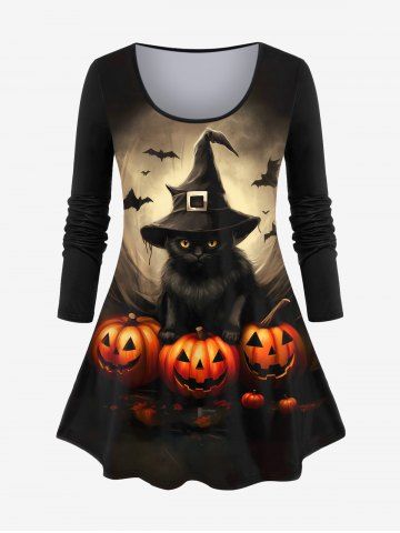 Plus Size Pumpkin Bat Cat Wizard Print Halloween T-shirt - BLACK - 2X