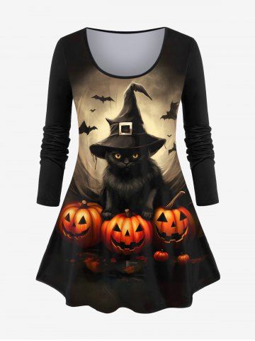 Plus Size Pumpkin Bat Cat Wizard Print Halloween T-shirt - BLACK - 3X