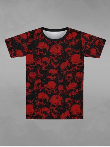 T-shirt D'Halloween Gothique Crâne Imprimée à Manches Courtes - RED - XS