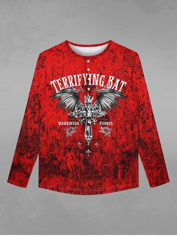 Gothic Cross Wings Stone Textured Print Buttons Halloween T-shirt For Men - RED - XS