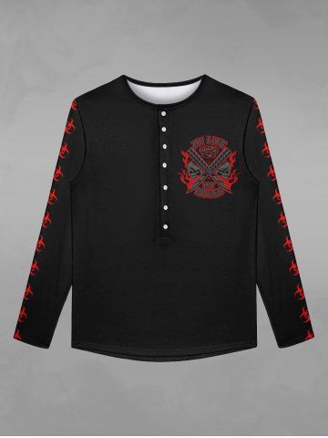 Gothic Skulls Knife Print Buttons Halloween T-shirt For Men - BLACK - XS