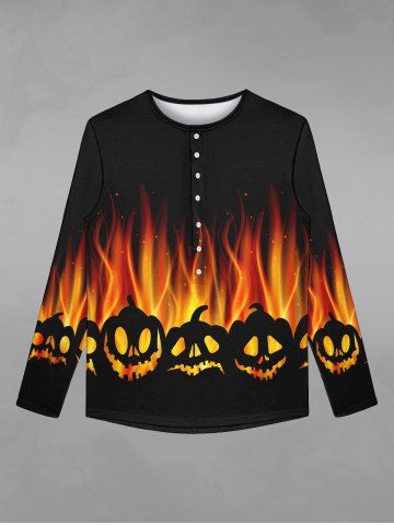 T-shirt Gothique D'Halloween Boutonné Citrouille Flamme et Feu Imprimés à Paillettes pour Homme - BLACK - XS
