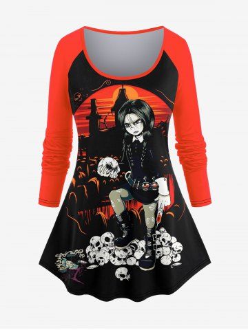 Plus Size Skulls Girl Cross Colorblock Print T-shirt - BLACK - XS