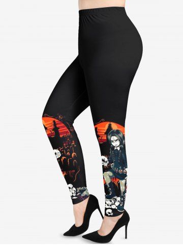 Plus Size Halloween Skull Cross Girl Print Leggings - BLACK - M