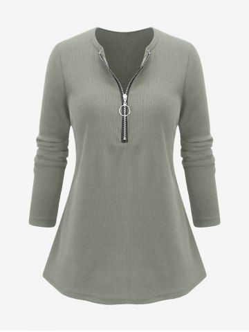 Plus Size Textured O-ring Zipper Sweater - GREEN - 4XL