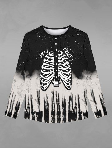Gothic Galaxy Skeleton Distressed Print Buttons Halloween T-shirt For Men - BLACK - XS