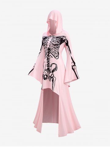 Plus Size Halloween Skeleton Print Bell Sleeves Hooded High Low Dress