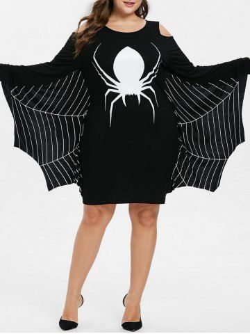 Robe D'Halloween Toile D'Araignée Imprimée à Manches Evasées Grande Taille - BLACK - 2X | US 18-20