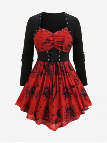 Plus Size Sun Moon Butterfly Print Grommets Lace Up Ruched Ruffles T-shirt - RED - 3X | US 22-24