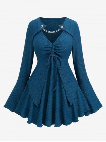 Plus Size Chain Panel Cinched Ruffles Bell Sleeves Textured T-shirt - DEEP BLUE - 3X | US 22-24