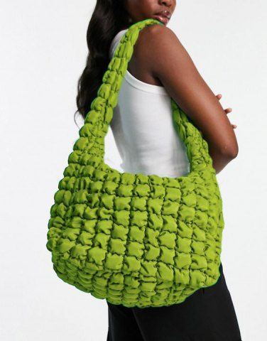 Sac à Bandoulière Matelassé Texturé Design en Couleur Unie Surdimensionné pour Femme - GREEN - L