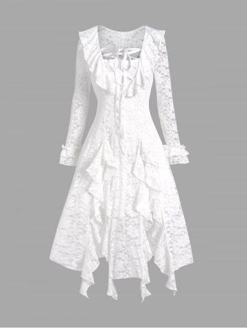 Lace Up Ruffle Sheer Long Top and A Line Cami Dress Outfit - WHITE - XXL