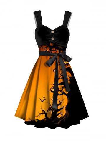 Halloween Forest and Pumpkin Print Belt Sleeveless Mini Dress - ORANGE - S