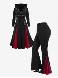 Manteau à Capuche Long Gothique Zippé Grande Taille en Cuir PU à Lacets avec Œillet - Noir 