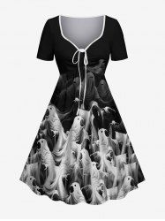 Robe D'Halloween Fantôme Imprimé de Grande Taille à Lacets - Noir 5X