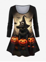 Plus Size Pumpkin Bat Cat Wizard Print Halloween T-shirt -  