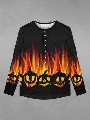 T-shirt Gothique D'Halloween Boutonné Citrouille Flamme et Feu Imprimés à Paillettes pour Homme - Noir 8XL