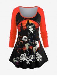Plus Size Skulls Girl Cross Colorblock Print T-shirt -  