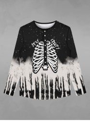 T-shirt D'Halloween Déchiré Gothique Squelette Galaxie Imprimés avec Boutons - Noir XL
