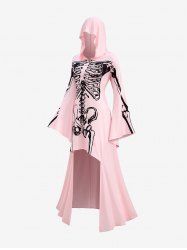 Plus Size Halloween Skeleton Print Bell Sleeves Hooded High Low Dress -  