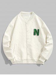 Men's Solid Color Jacquard Texture Alphabet Embroidered Appliques Baseball Collar Jacket -  