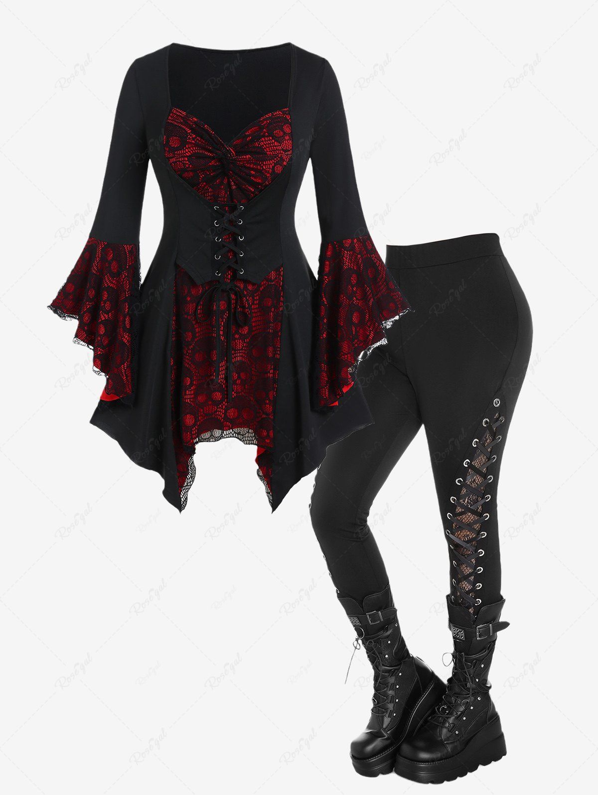 Sale Bell Sleeve Skull Lace Handkerchief Tee and Gothic Lace Panel Lace-up Skinny Pants Outfit  