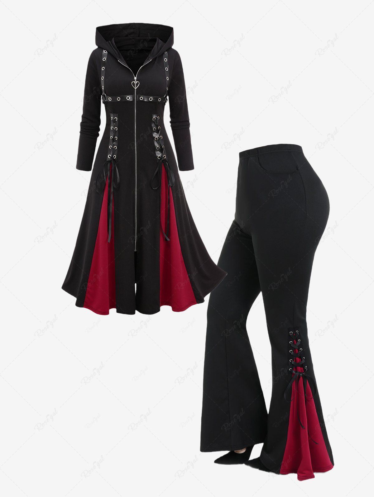 Online Plus Size Zipper Lace Up Grommets PU Leather Stripe Hooded Coat and Gothic Lace Up Contrast Godet Hem Flare Pants Outfit  
