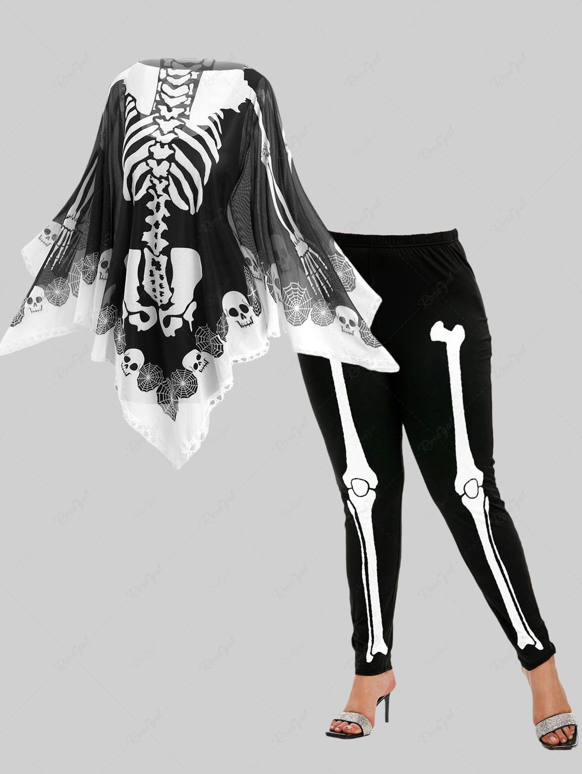 Latest Halloween Costume Skeleton Poncho Shawl Skull Spider Web Handkerchief Cape and Skinny Leggings Plus Size Outfit  