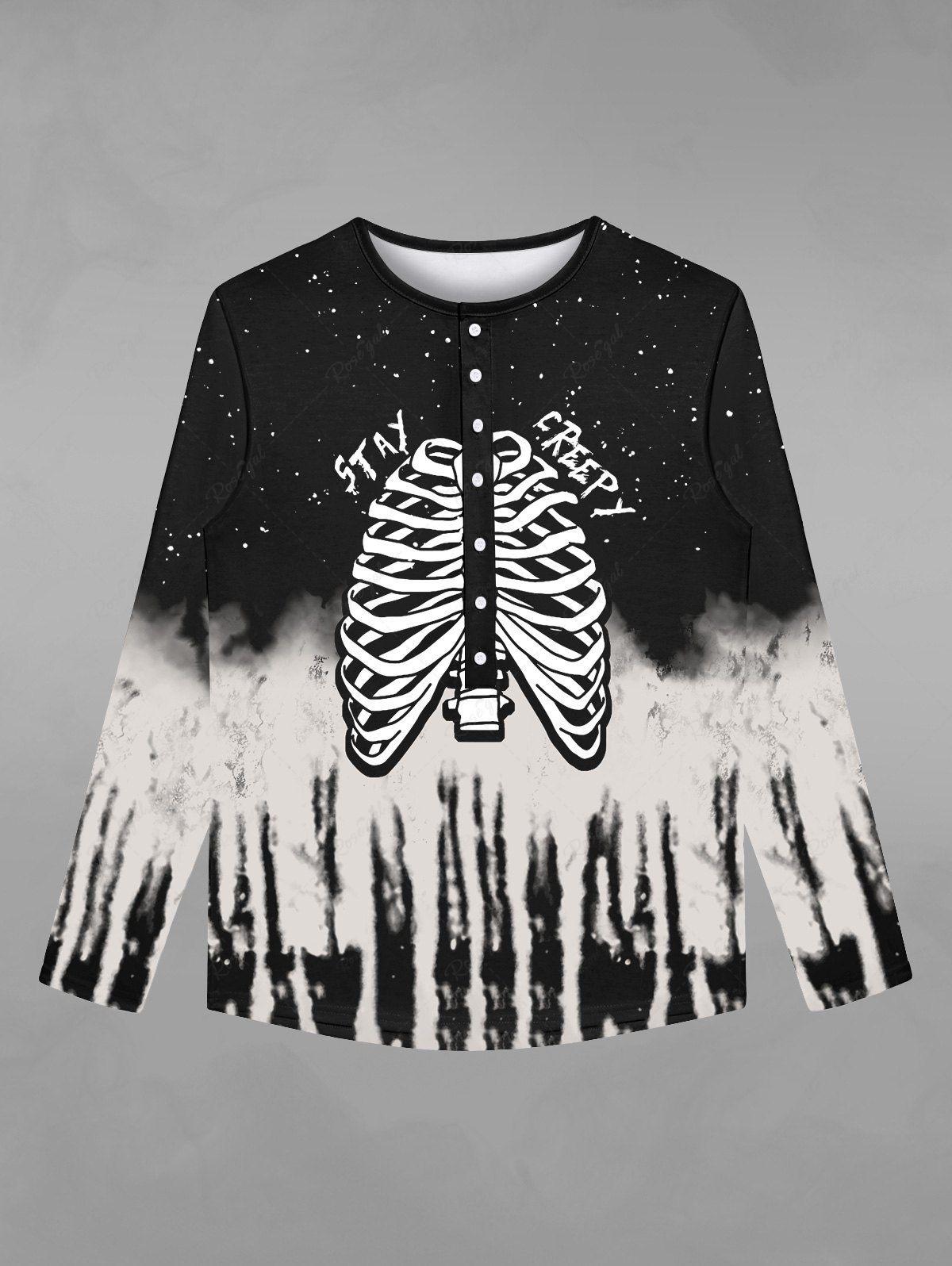 Unique Gothic Galaxy Skeleton Distressed Print Buttons Halloween T-shirt For Men  