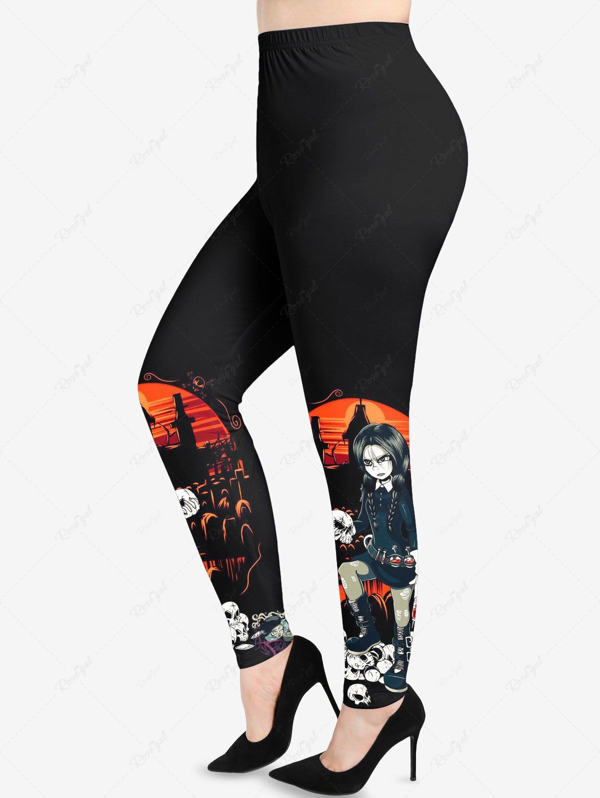 Store Plus Size Halloween Skull Cross Girl Print Leggings  
